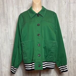 CAbi Mod Bomber Varsity Utility Jacket with Black & White Striped Hem - Size XL